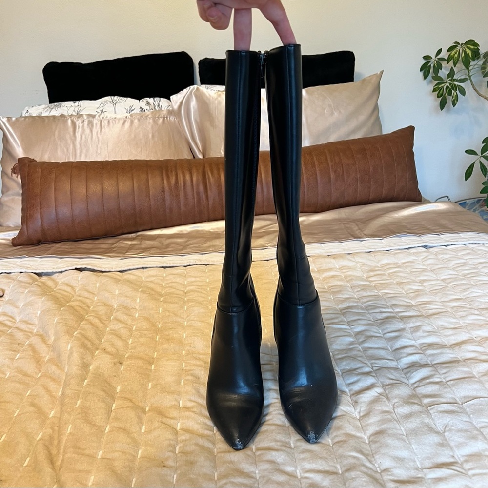 Windsor brand knee high black faux leather boots with chunky heel.